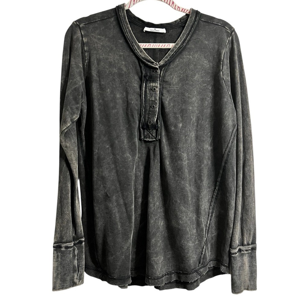 Washed Black Long-Sleeve Henley Top
